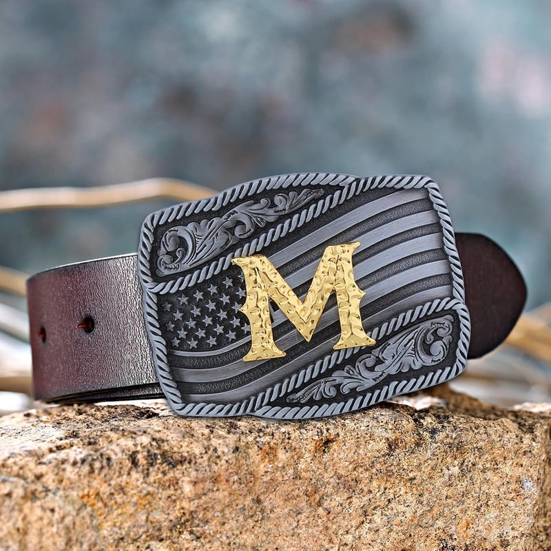 Fibbadet Store Western Cowboy Initial Letters A-Z American Flag Belt Buckle for Men Fathers Day Boyfriend Husband - Image 2